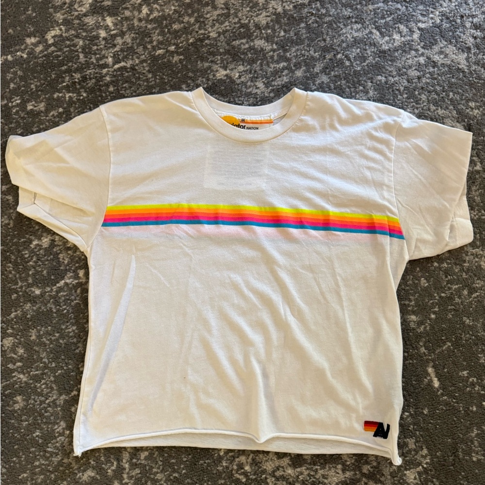 Aviator Nation Sunset White Neon Rainbow Cropped Tee Shirt Size Medium